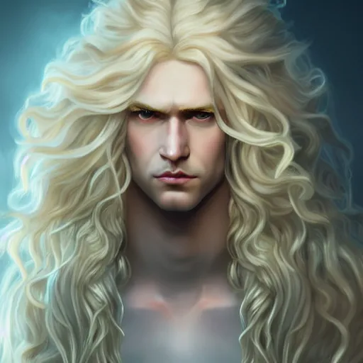 Image similar to Lucius the pale blond androgynous god of the sun, highly detailed, very very very long curly golden blond hair, baroque curls, curtain bangs, central parted fringe, extremely luscious curly blond hair, very very very pale white skin, digital painting, artstation, concept art, soft light, sharp focus, illustration