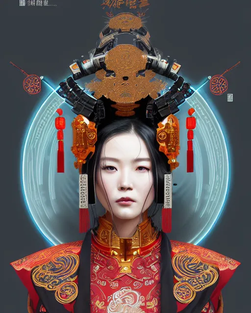 Image similar to portrait of a chinese cyberpunk machine, machine face, robed, upper half portrait, decorated with chinese opera motifs regal royal fierce machine robot cyberpunk fine china, wuxia, traditional chinese art intricate intense elegant highly detailed digital painting artstation concept art smooth sharp focus illustration, art by artgerm and greg rutkowski alphonse mucha 8 k