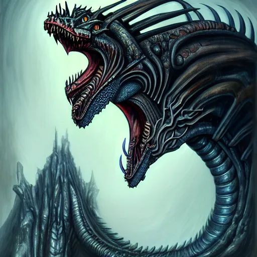 Image similar to Giger portrait of queen dragon, Dragon in dragon lair, HD, full body dragon concept, flying dragon, soft shading, hyperdetailed, wide angle lens, fantasy, futuristic horror, style of giger