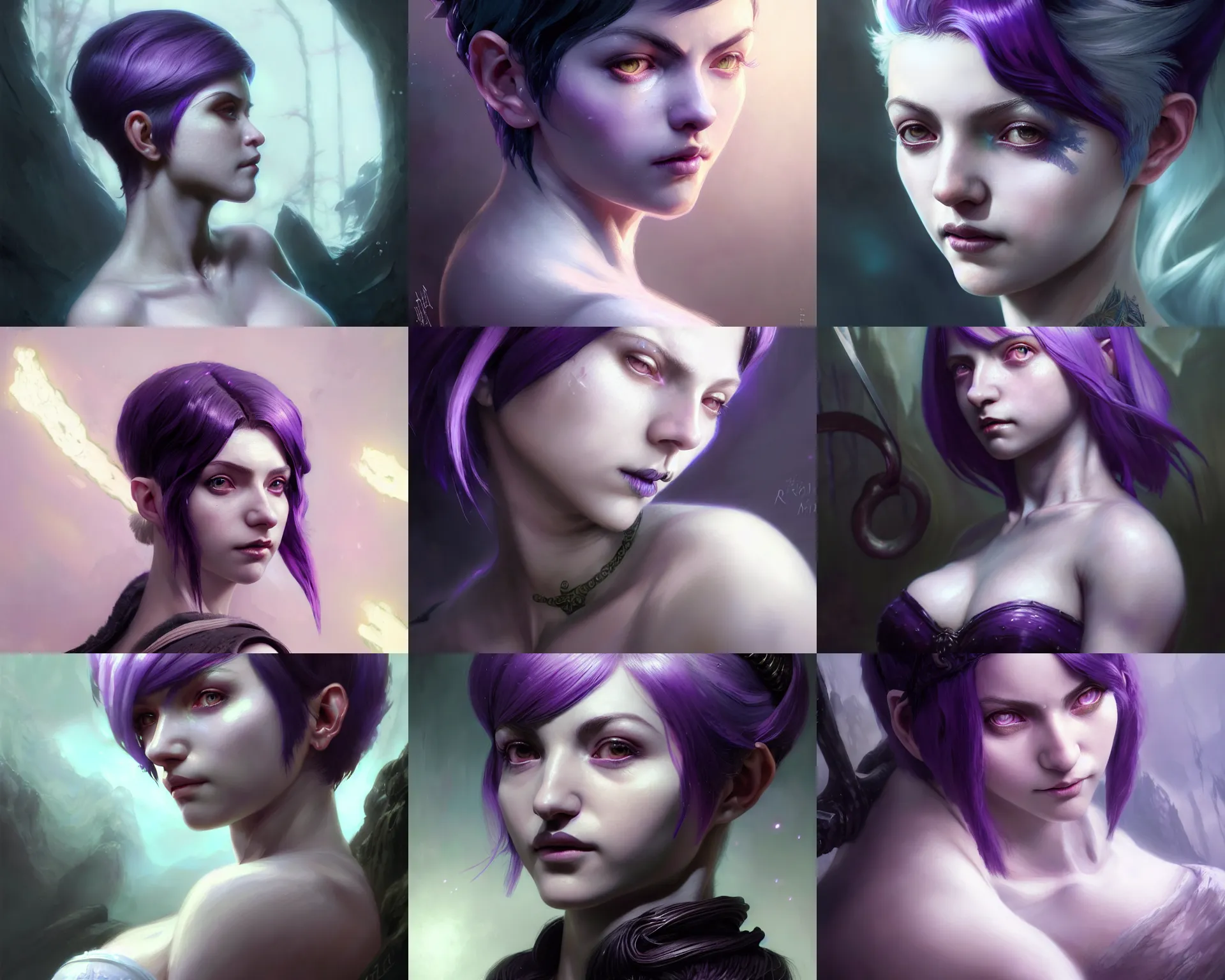 Prompt: highly detailed portrait of lili perani, in skyrim, pixie undercut hairstyle, black to purple fade hair color, unreal engine, fantasy art, intricate, sharp focus, illustration, highly detailed, digital painting, concept art, matte, art by ruan jia and wlop and greg rutkowski and loish and makoto shinkai, radiant light, detailed and intricate environment