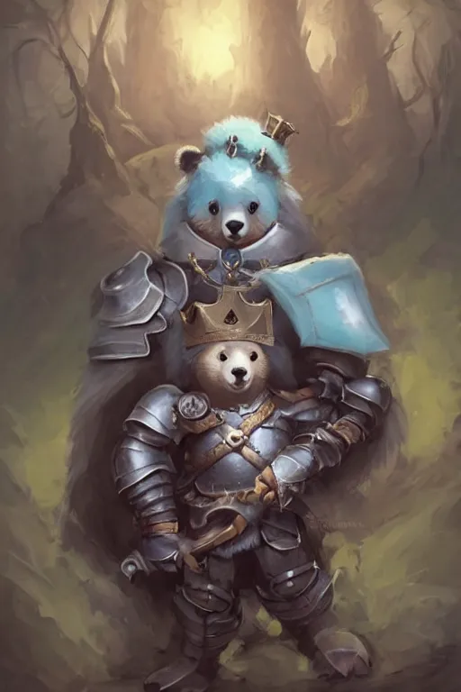 Image similar to cute little anthropomorphic bear knight wearing a cape and a crown, tiny, small, miniature bear, baby animal, short, pale blue armor, cute and adorable, pretty, beautiful, DnD character art portrait, matte fantasy painting, DeviantArt Artstation, by Jason Felix by Steve Argyle by Tyler Jacobson by Peter Mohrbacher, cinematic lighting