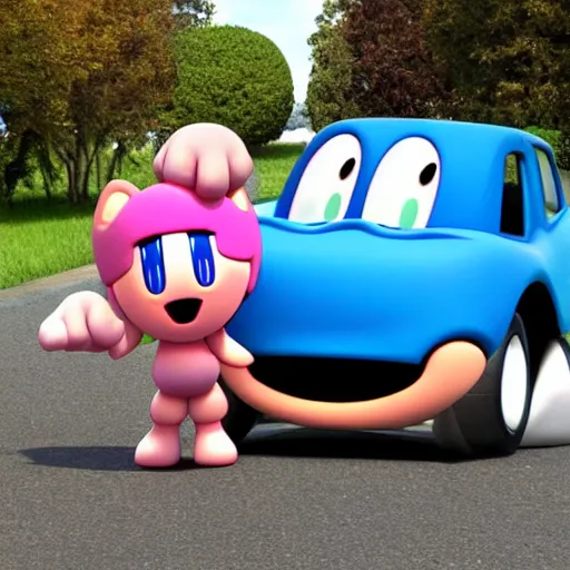 Prompt: kirby eating a car