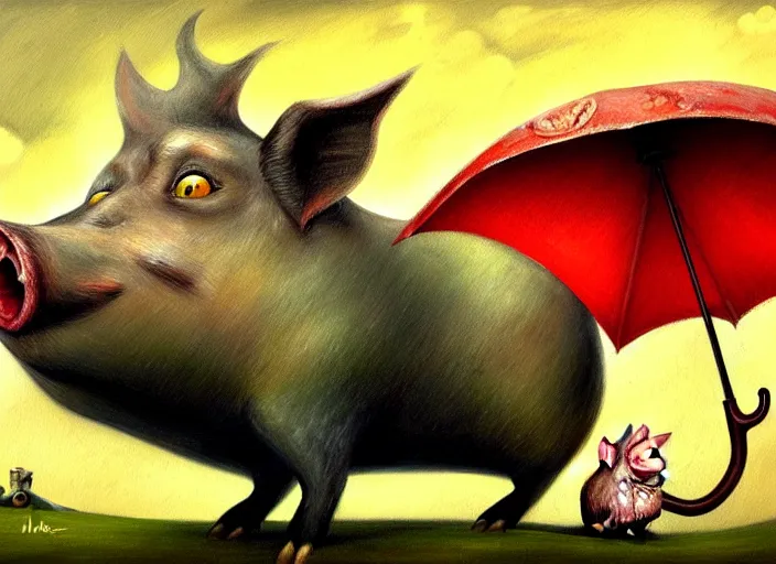Prompt: detailed oil painting of flying pig with umbrella by marc simonette and alexander jansson, concept art