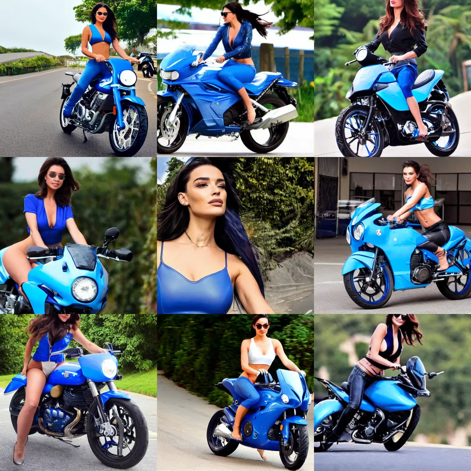 Prompt: Amy Jackson riding a blue sports motorbike