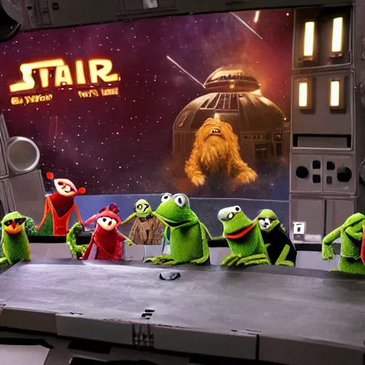 Image similar to muppets in a star wars movie scene, laser , explosions, movie stage setup, 8k