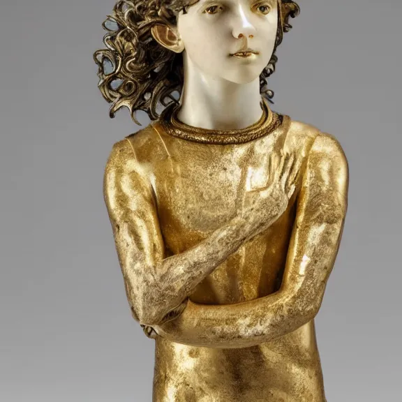 Image similar to a white art nouveau marble and gold head and torso sculpture of a worried young millie bobby brown with long, flowing hair, wearing intricate gold plate armor on her chest, delicate, intricate, smooth, beautiful, by charles van der stappen