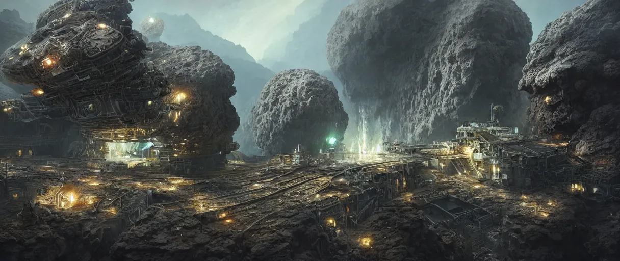 Image similar to a detailed mining base built on side of asteroid, detailed render, post - processing, extremely hyperdetailed, intricate, epic composition, cybernetics, 4 k realistic, cryengine, realistic shaded lighting, sharp focus, masterpiece, detailed eyes by andrei riabovitchev, peter mohrbacher, john schoenherr, arthur haas