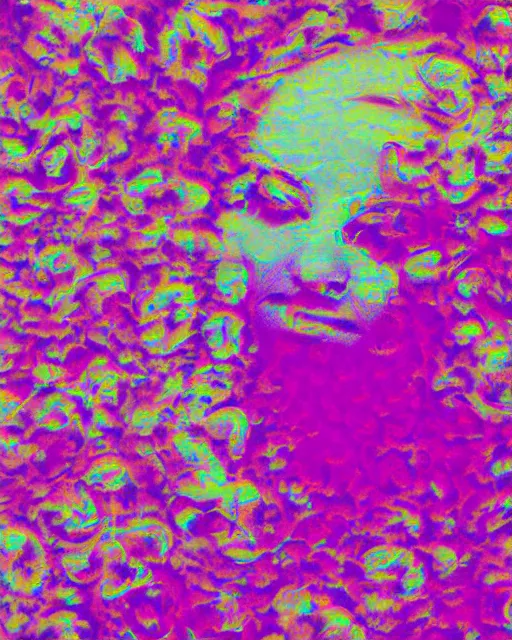 Prompt: oversaturated, burned, light leak, expired film, photo of a woman's serene face submerged in a flowery milkbath, rippling liquid, vintage glow, sun rays, psychedelic, glitched pattern