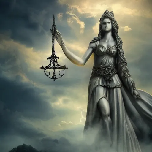 Prompt: lady justice, epic fantasy art, mystical atmosphere, epic, supernatural, goddess, mythology, landscape, clouds, mist, high detail, high definiton, ultra realistic, hyper realistic, ultra hd, 4 k uhd