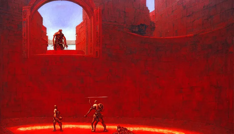 Image similar to only with red, a lightly armored gladiator in a crowded roman amphitheatre, crowd cheering, in the style of beksinski and edward hopper and rodcenko and yue minjun and cory loftis, intricate and epic composition, red by caravaggio, highly detailed, masterpiece, red light, artstation, art nouveau