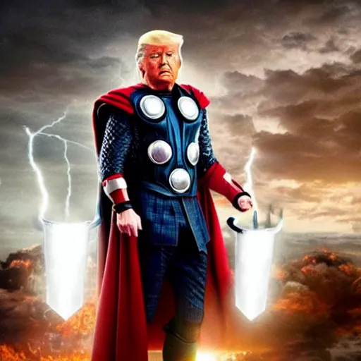 Image similar to Donald Trump as Thor the god of thunder, avengers film still