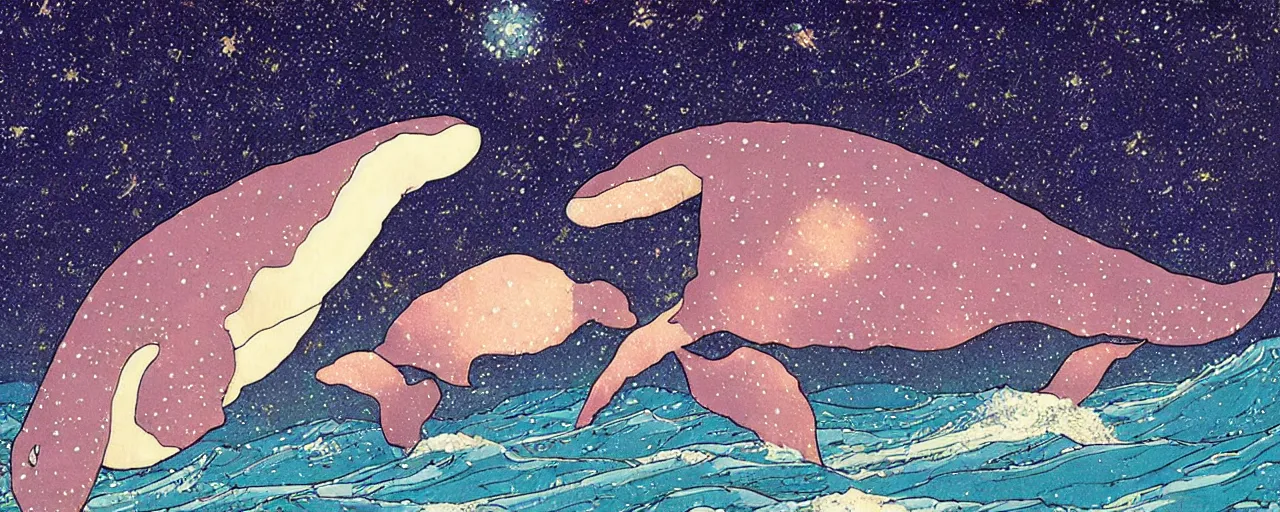 Prompt: ” big beautiful whales swimming in the shining starry sky painted by moebius. ”