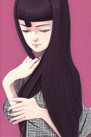 Prompt: mysterious girl child with her long black hair dressed in a chequered robe anime art style, big green diamond on her hand, digital art by ilya kuvshinov, inspired by balthus, hd, 4 k, hyper detailed
