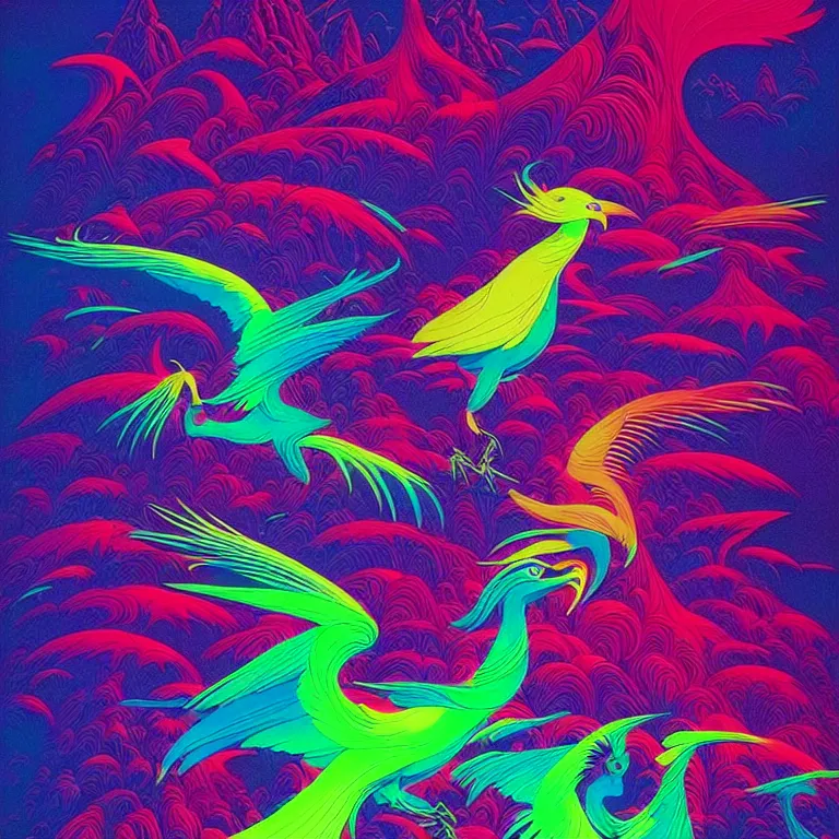 Image similar to mythical bird over infinite fractal volcanoes, bright neon colors, highly detailed, cinematic, eyvind earle, tim white, philippe druillet, roger dean, lisa frank, aubrey beardsley, hiroo isono