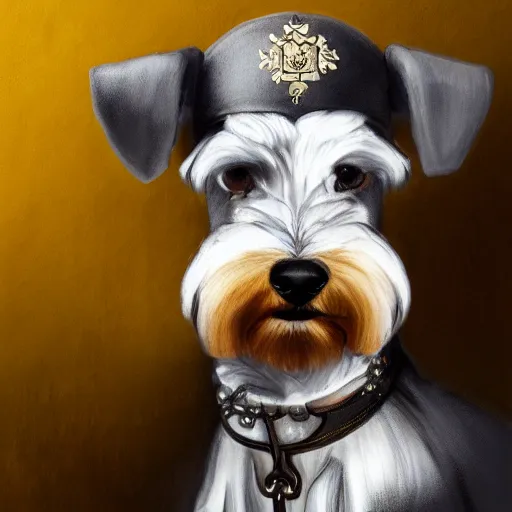 Prompt: portrait of stoic looking miniature schnauzer, military uniform, black fir, white eyebrows, fantasy, intricate, elegant, highly detailed, autumn color, rustic, centered, dark, smokey, charcoal painting, digital painting, artstation, concept art, smooth, sharp focus, illustration, art by artgerm and greg rutkowski and alphonse mucha