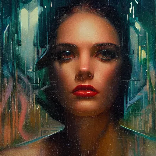 Image similar to detailed face of a woman, lush, opulent, fauna, utopian, tech noir, wet reflections, prism, atmospheric, ambient, pj crook, syd mead, livia prima, artgerm, greg rutkowski, nick alm, casey baugh