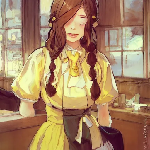 Image similar to A girl in a maid's outfit in a cafe a afternoon, wavy hair yellow theme,S line,45 angel by krenz cushart and mucha and akihito yoshida and greg rutkowski ,nier:automata inspired-H764