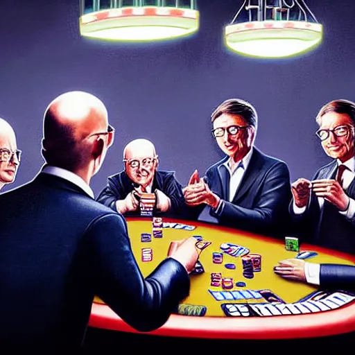 Image similar to UHD photorealistic Elon Musk playing poker with Satoshi Nakamoto, Klaus Schwab, and Bill Gates, hyperrealistic, correct details, cosmic studio lighting, symmetrical faces, accurate faces, by Greg Rutkowski