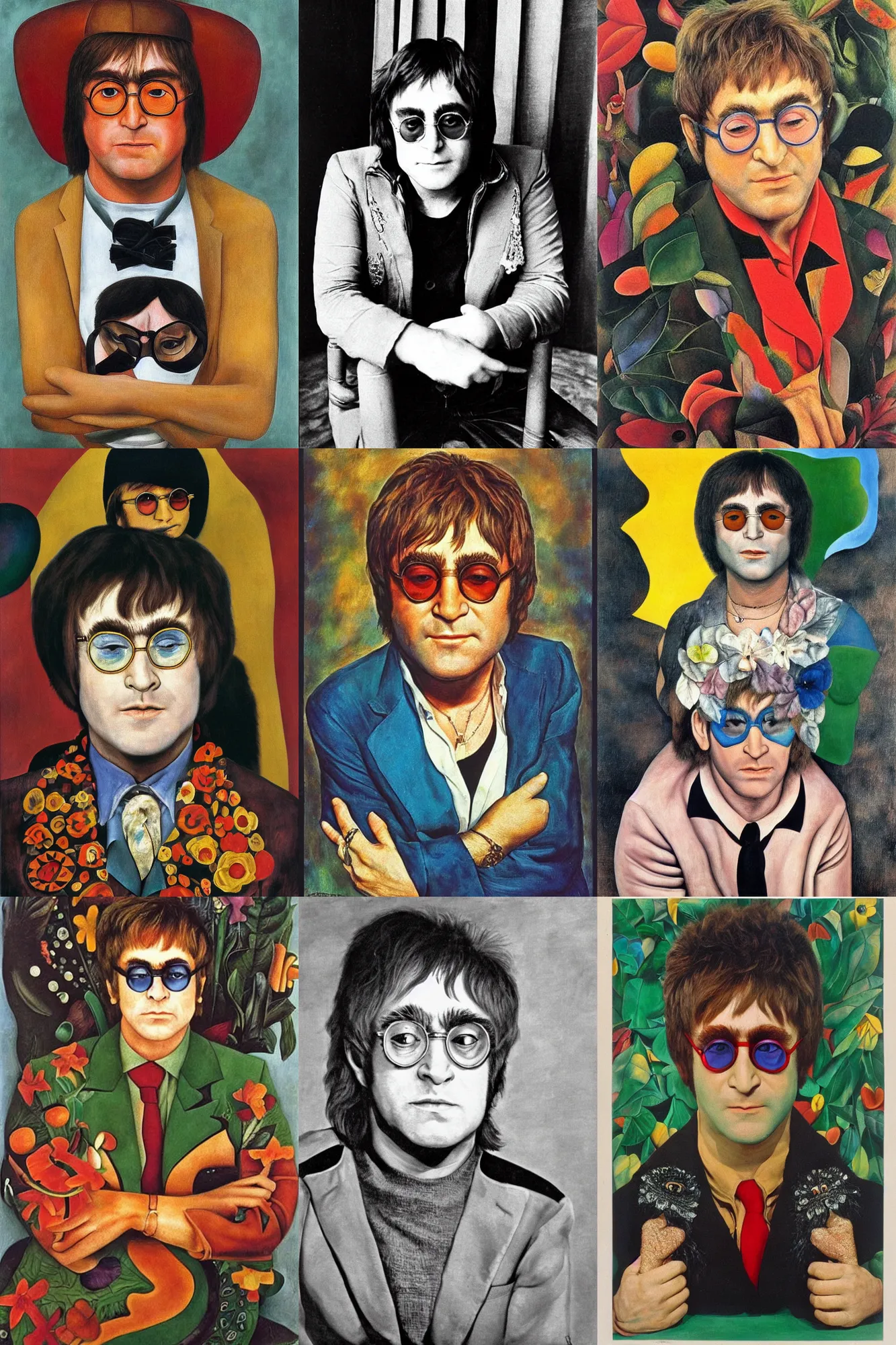 Prompt: Portrait of Elton John Lennon in 1970 by Frida kahlo