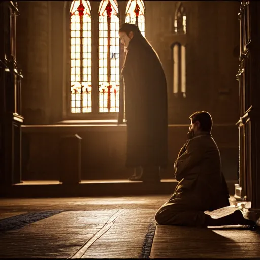 Prompt: angel protecting man who is praying inside a gothic church, cinematic style, 4K highly detailed, light studio style