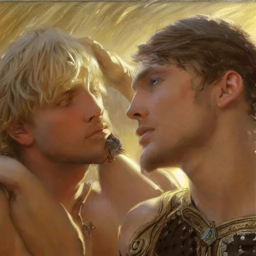 Prompt: attractive male, arthur pendragon who has blond hair confesses his love to attractive male, merlin who has dark hair. highly detailed painting by gaston bussiere, craig mullins, j. c. leyendecker 8 k