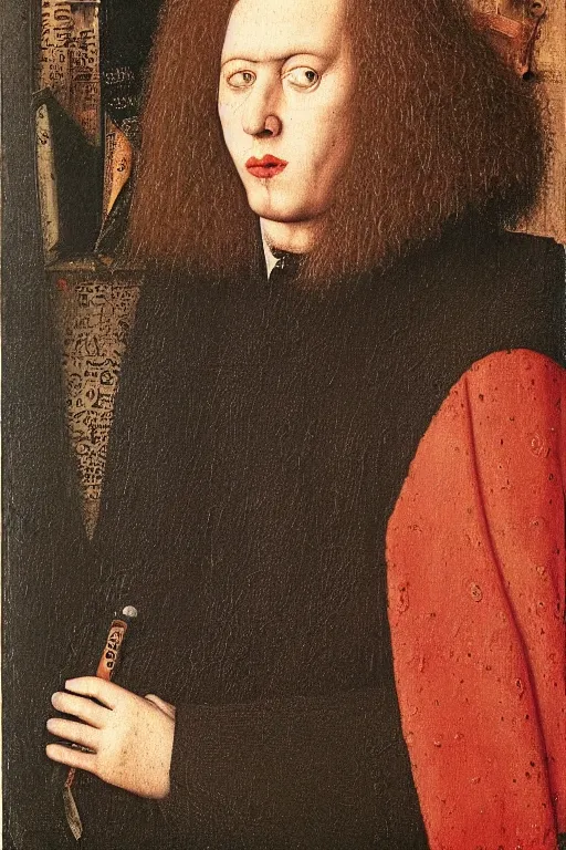 Image similar to portrait of robert smith, oil painting by jan van eyck, northern renaissance art, oil on canvas, wet - on - wet technique, realistic, expressive emotions, intricate textures, illusionistic detail