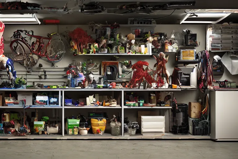 Image similar to garage with carnivorous plants on the shelves and packing peanuts on the floor, scene from tv show hyper detailed 5 5 mm 8 5 mm, low - light photography by tyler mitchell, made out of plastic