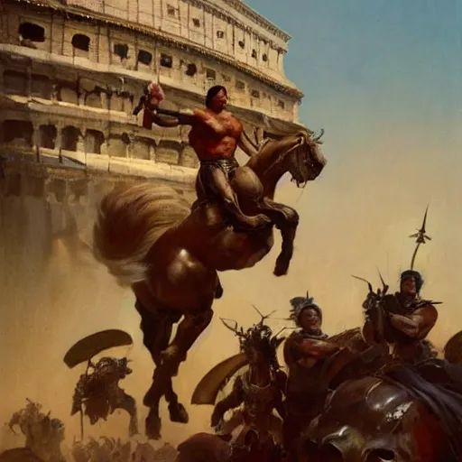 Prompt: An oil painting of a gladiatorial arena match, by Greg Rutkowski, Frank Frazetta, Boris Vallejo, epic fantasy character art, Exquisite detail, post-processing, masterpiece, cinematic, Coliseum of Rome