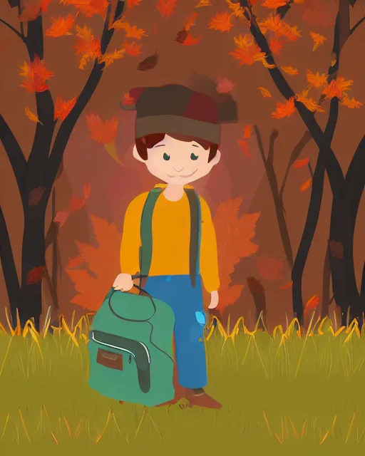 Prompt: autumn hillside boy with camping bag illustration light color