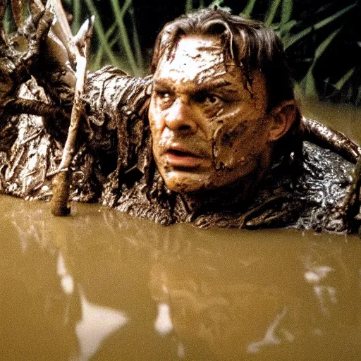 Image similar to film still of viktor orban as major dutch, covered in mud and hiding from the predator predator predator in swamp scene in 1 9 8 7 movie predator, hd, 4 k