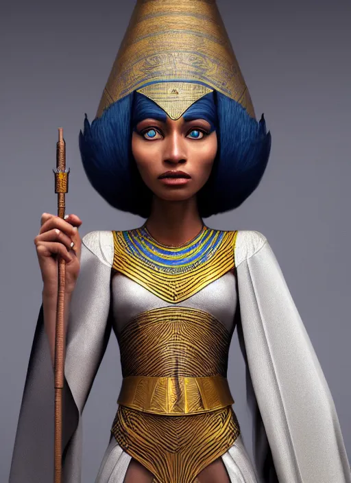 Image similar to an anthropomorphic beautiful female wizard of pharaoh holding magic wand portrait wearing robe, fine art, award winning, intricate, elegant, sharp focus, octane render, hyperrealistic, cinematic lighting, highly detailed, digital painting, 8 k concept art, art by jamie hewlett and z. w. gu, masterpiece, trending on artstation, 8 k