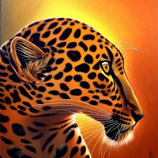 Prompt: graceful leopard in summer nigt, beautiful colour palette, oil paint on canvas, sharp textures, biotechnology, nikolay georgiev, alex ross, bruce pennington, donato giancola, larry elmore, masterpiece, trending on artstation, featured on pixiv, cinematic composition, sharp, details, hyper - detailed, hd, hdr, 4 k, 8 k