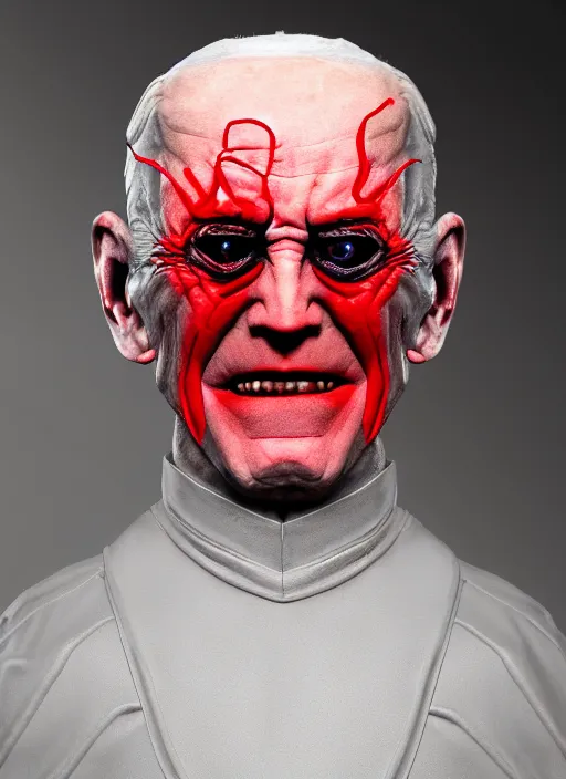 Image similar to hyper realistic ultra realistic cenobite pinhead biden photo wrathful furious glowing red eyes biden, high quality photo, detailed , 8k