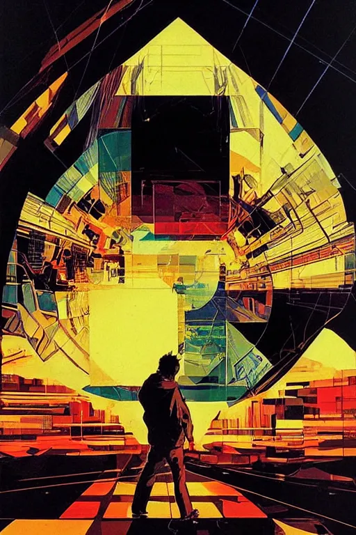 Prompt: fisheye, a silhouette of a man lost in tensor fields, madness, decoherence, synthwave, glitch!!, fracture, realistic, hyperdetailed, concept art, golden hour, art by syd mead, cubism