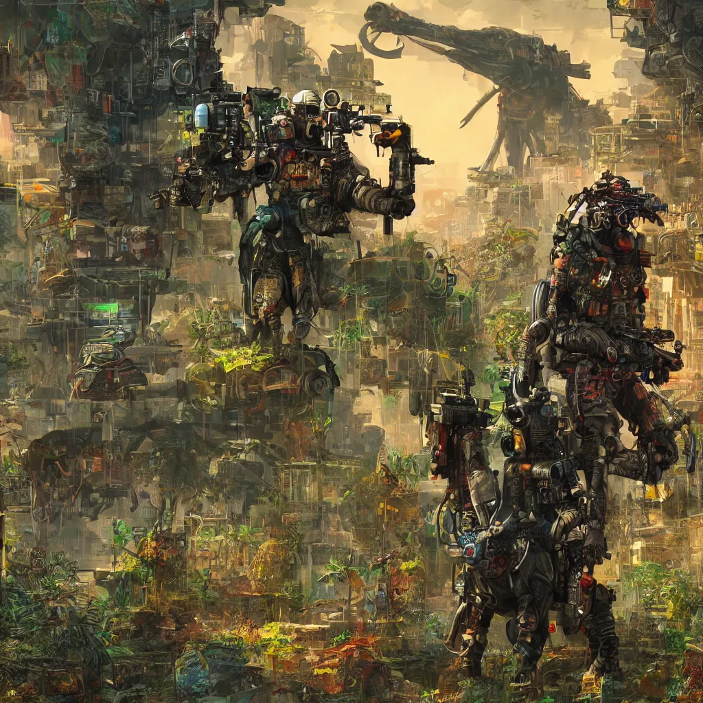 Image similar to war cyberpunk elephant with machine gun mounted in a vivid color jungle, 4 k, detailed, digital art