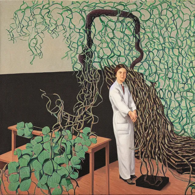 Image similar to a female pathology student in her apartment, wrapped in vines, medical equipment, stepping stones, octopus, pig, black walls, ikebana, black armchair, sculpture, acrylic on canvas, surrealist, by magritte and monet