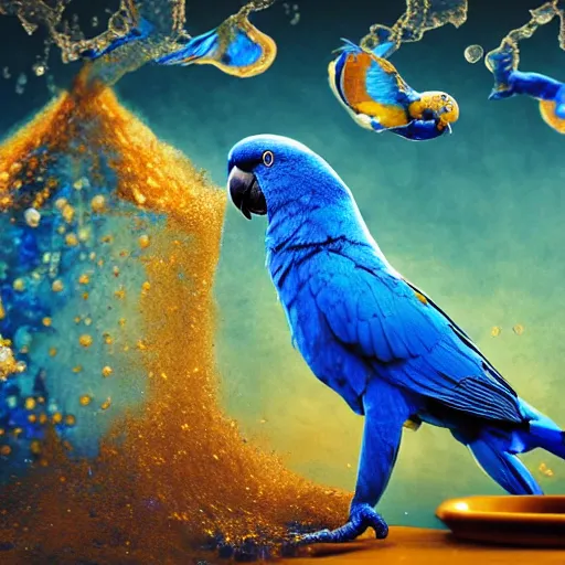 Prompt: blue parrots emerging from fluids mixing, atmospheric liquids, ornate intricate, hyper realistic, 16k, post processing, saturated blue colors, nature background