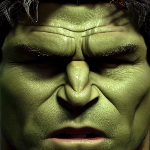 Image similar to detailed 3d render of the incredible hulks face, eric bana, lifelike textures and realistic hair, extreme close detail, high resolution, fine character detail