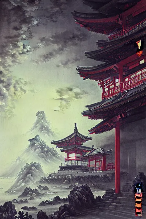 Image similar to a dreamland of chinese ukiyo - e, geometry and astrology, a decaying japanese temple, stunning atmosphere, nanotech demonic monster horror art by andreas achenbach and alena aenami