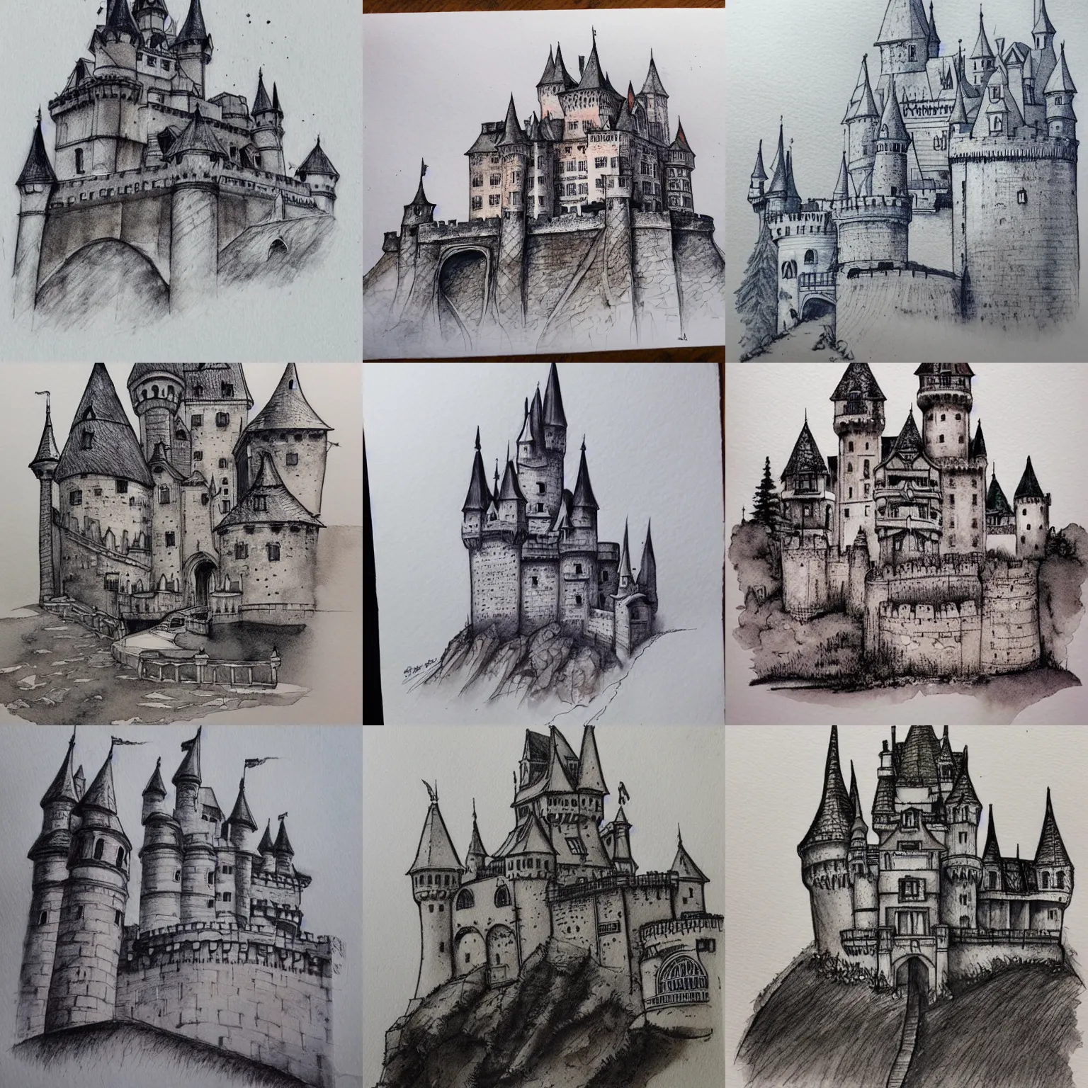 Prompt: beautiful aesthetic inspirational masterful professional ink pen and watercolor sketch of a castle, ultra detailed, fine details, trending on artstation, high quality paper