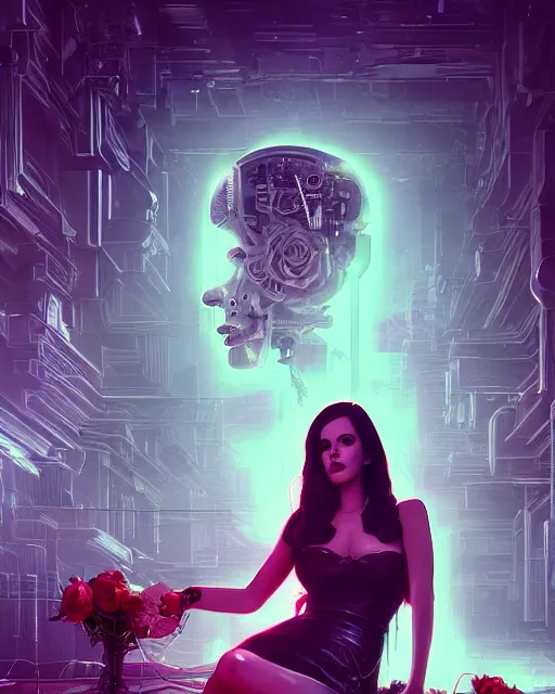 Image similar to portrait of lana del rey as a cyberpunk cyborg. roses, sci - fi, missing panels, intricate abstract upper body intricate artwork, by tooth wu, wlop, beeple, dan mumford. concept art, octane render, deviantart, greg rutkowski, cinematic, key art, hyperrealism, iridescent accents