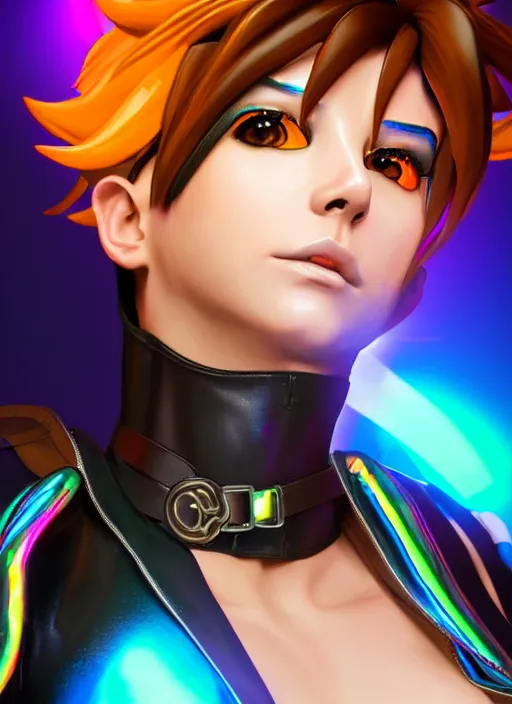 Image similar to portrait bust digital artwork of tracer overwatch, wearing iridescent rainbow latex and leather straps catsuit outfit, 4 k, expressive happy whistling face, makeup, in style of mark arian, angel wings, wearing detailed leather collar, chains, black leather harness, detailed face and eyes,