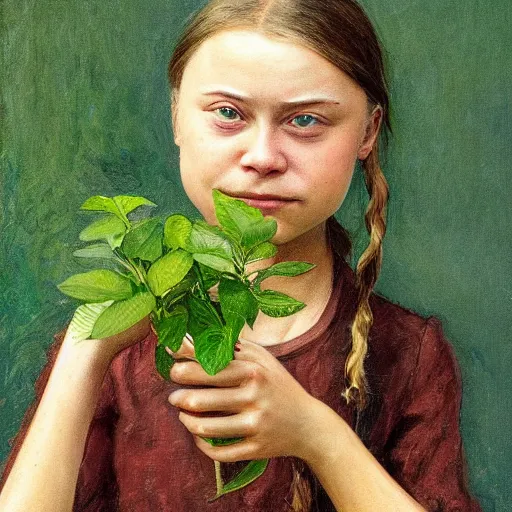 Image similar to Devastated Greta Thunberg holding a green plant and crying, impressionism, barren earth, gloomy colors, brown background, vivid attention to detail, by Greg Rutkowksi and Ilya Repin