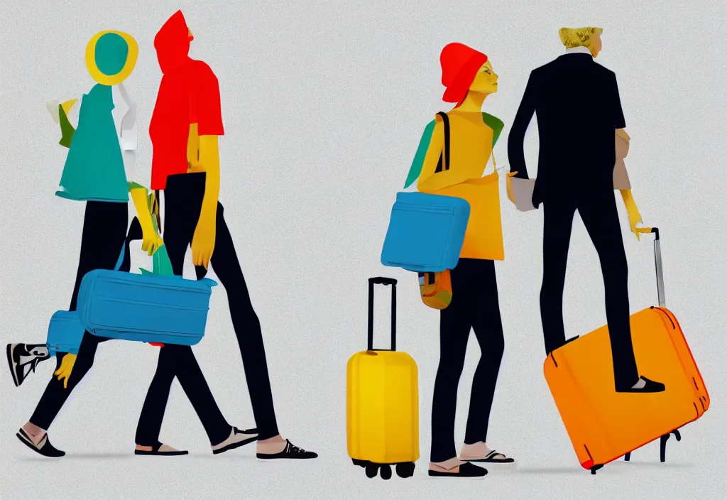 Image similar to full body portrait of a duo of european tourists travel apparel, various poses walking and carrying luggage, geometric character designs painting, in the style of wes anderson, rene magritte, lola dupre, david hockney, isolated on white background, dark monochrome neon spraypaint accents octane render