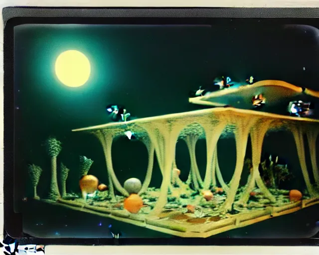 Prompt: low angle shot of a space station at night, aquatic plants, coral, shabby chic, cinematography by Stanley Kubrick, composition by Max ernst, in the style of Neo Rauch, set design by Antonin Gaudí, 35mm, polaroid, color film photography