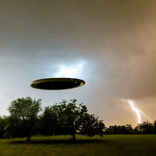 Image similar to futuristic flying car emerging in the sky from a circular portal made of lightning, thunderstorm at night, 8k 28mm cinematic photo