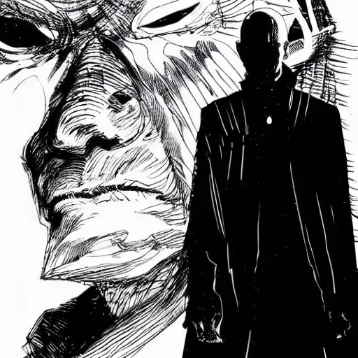 Image similar to Klaus Schwab looking sinister, by Tsutomu Nihei, highly detailed