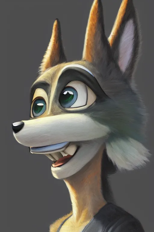 Image similar to oil painting of anthromorphic female wolf, in style of zootopia, female fursona, furry, furaffinity, 4 k, deviantart, furry art, fursona art, wearing black business suit, business suit, wolf fursona, female, smug expression,