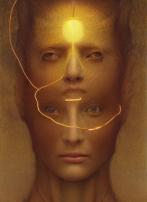 Prompt: Woman masterpiece, beautiful eyes, yellow, golden halo behind her head, red wires wrap around, by Edgar Maxence and Ross Tran, Zdzisław Beksiński, and Michael Whelan, distant, gustav dore, H.R. Giger, 8k, octane render