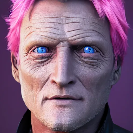 Prompt: rutger hauer as a fantasy rogue, closeup character portrait, symmetrical perfect face, porcelain skin, pink twintail hair and cyan eyes, ultra detailed, digital art, unreal engine 5, octane render, 2 d anime, 8 k